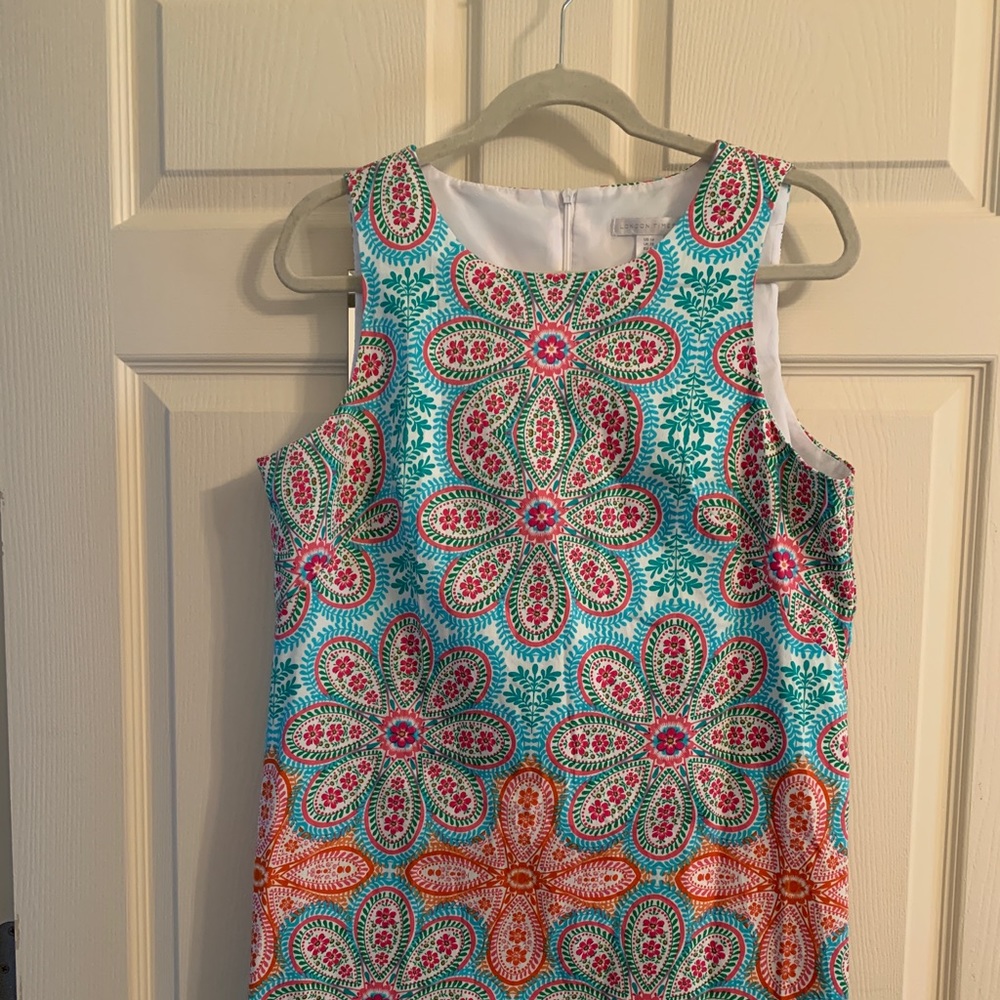 London Times Size 14 Sleeveless Gorgeous Dress Turquoise and Coral Design